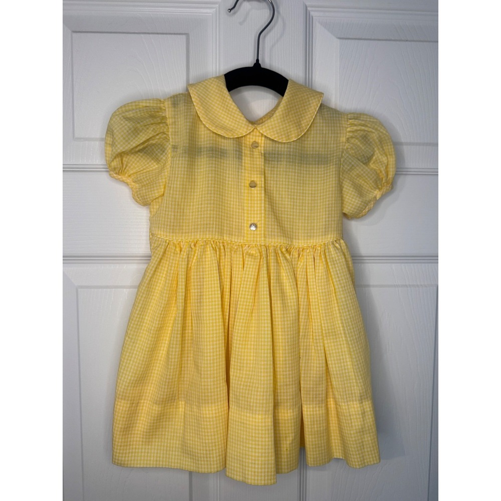 Jayne Copeland Girls Yellow Gingham Peter Pan Collar Puff Sleeve Dress 3T
